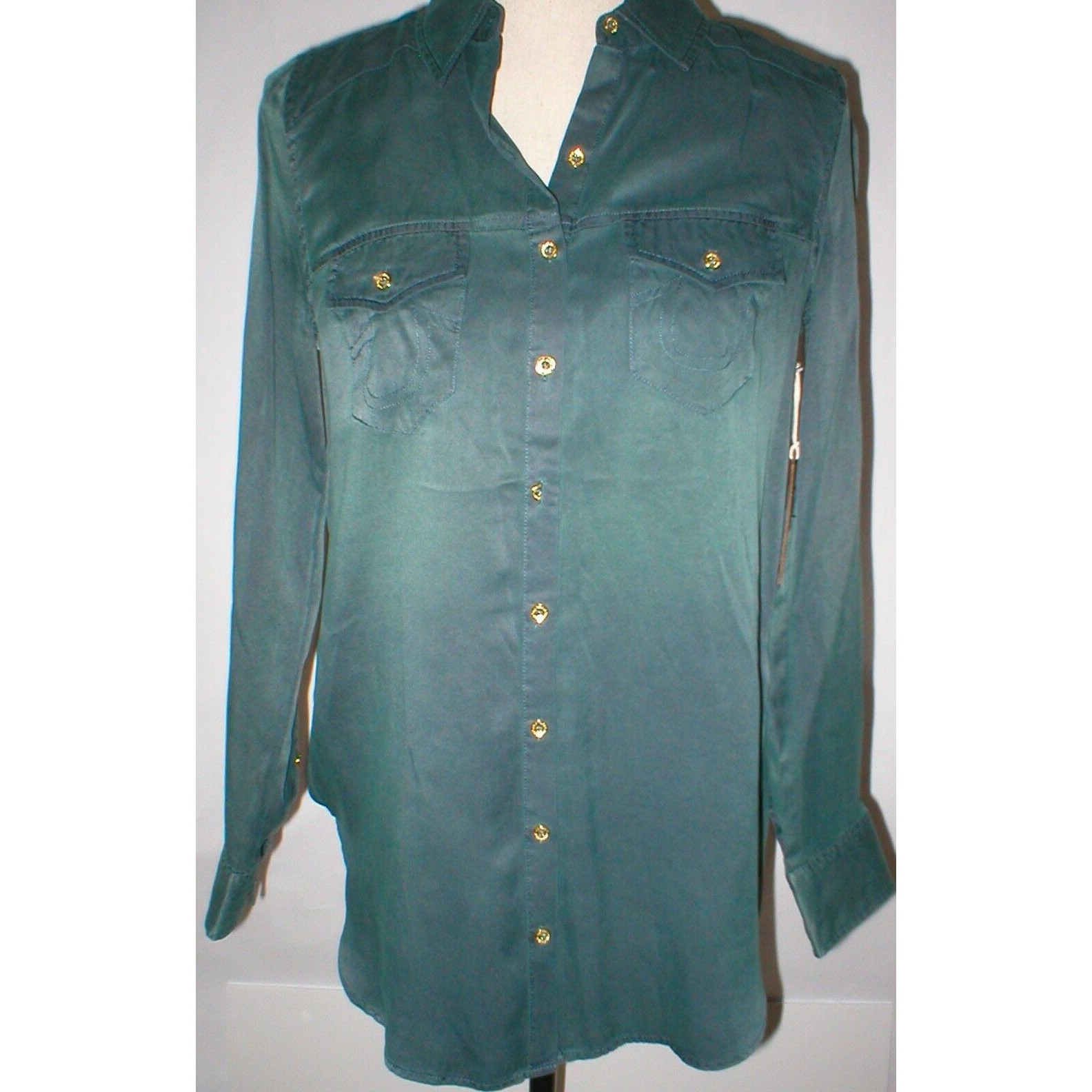 New Womens Designer True Religion 100% Silk Tunic Long Blouse Xs Green Nwt Top